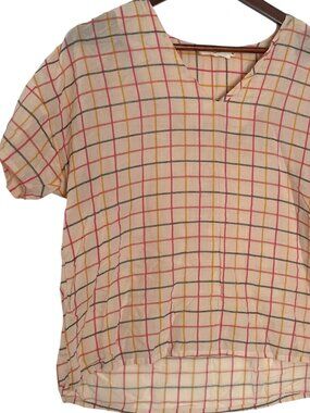 Indi & Cold San Sebastian Boxy Top Medium M Cream Check Plaid Popover Shirt Boho